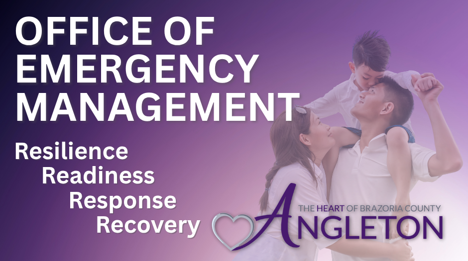Angleton Emergency Management website home page with a family in the background.